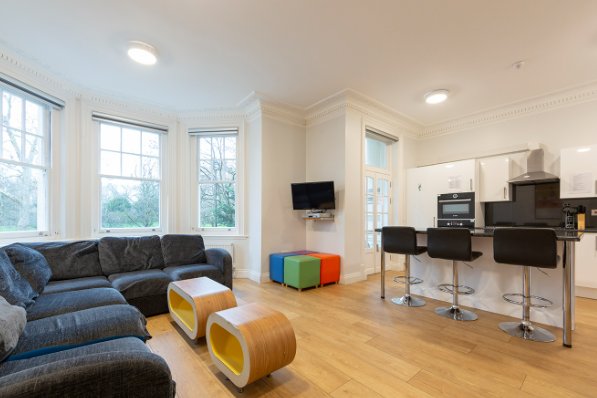 Common living area and open kitchen in an FIE London student residence